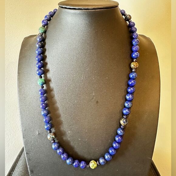 Stunning 20" lapis lazuli, azurite, and goldstone necklace with 925 hardware! - Picture 13 of 14